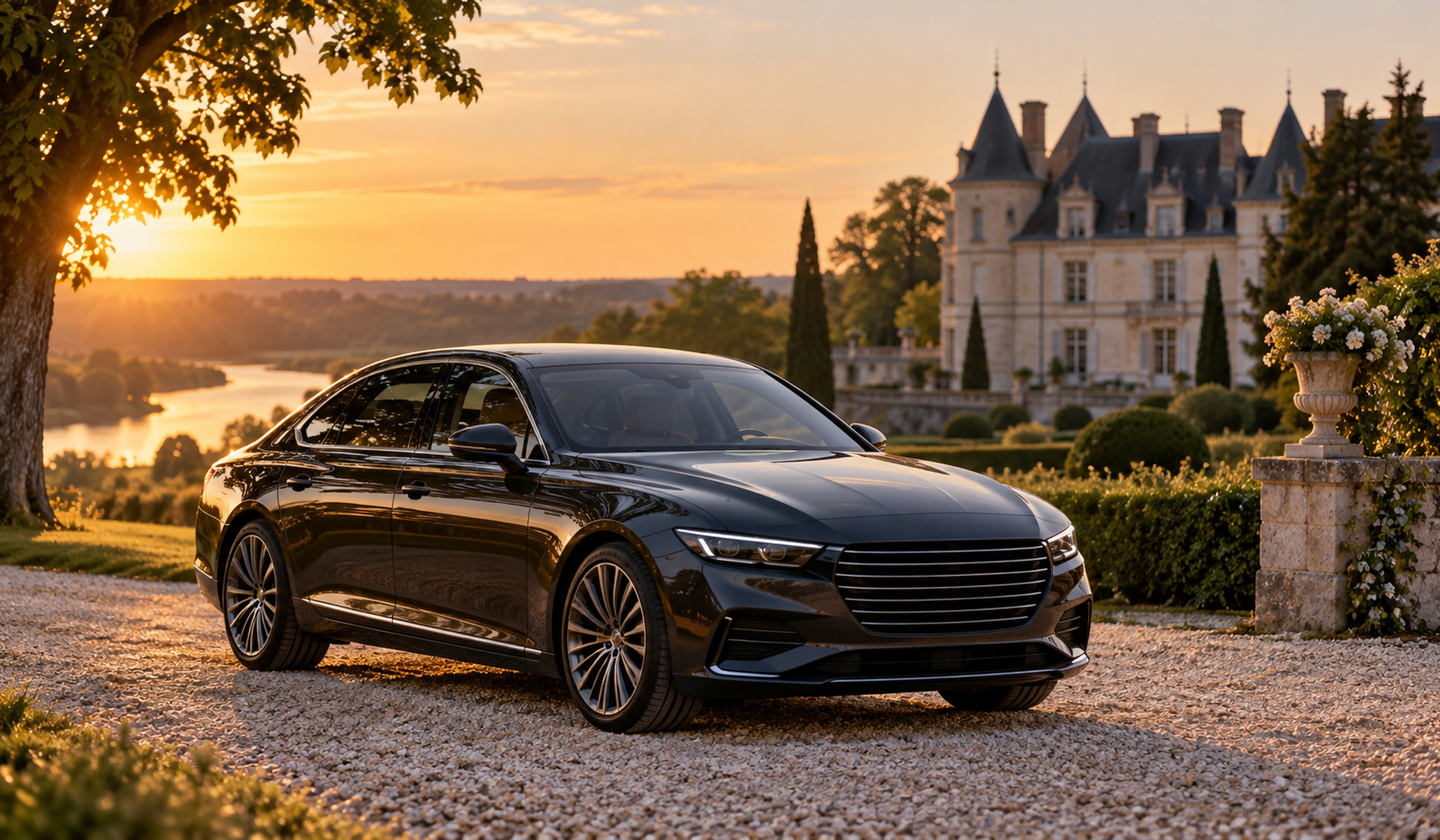 voiture élégante devant un château de la Loire flou